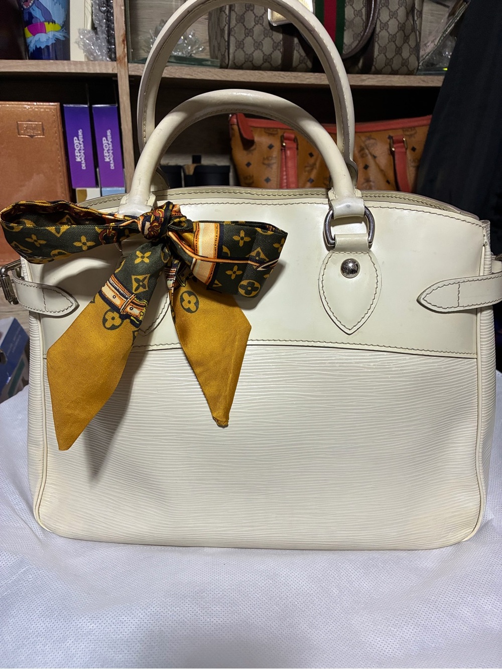 Louis Vuitton Cream  Passay. Top-Handle Satchel with Mustard Accent Scarf